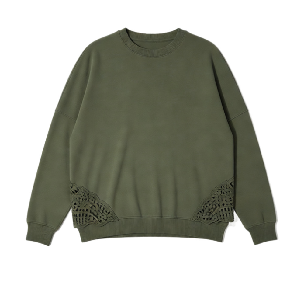 Aerie Crochet Lace Hem Sweatshirt Olive Green Oversized Pullover